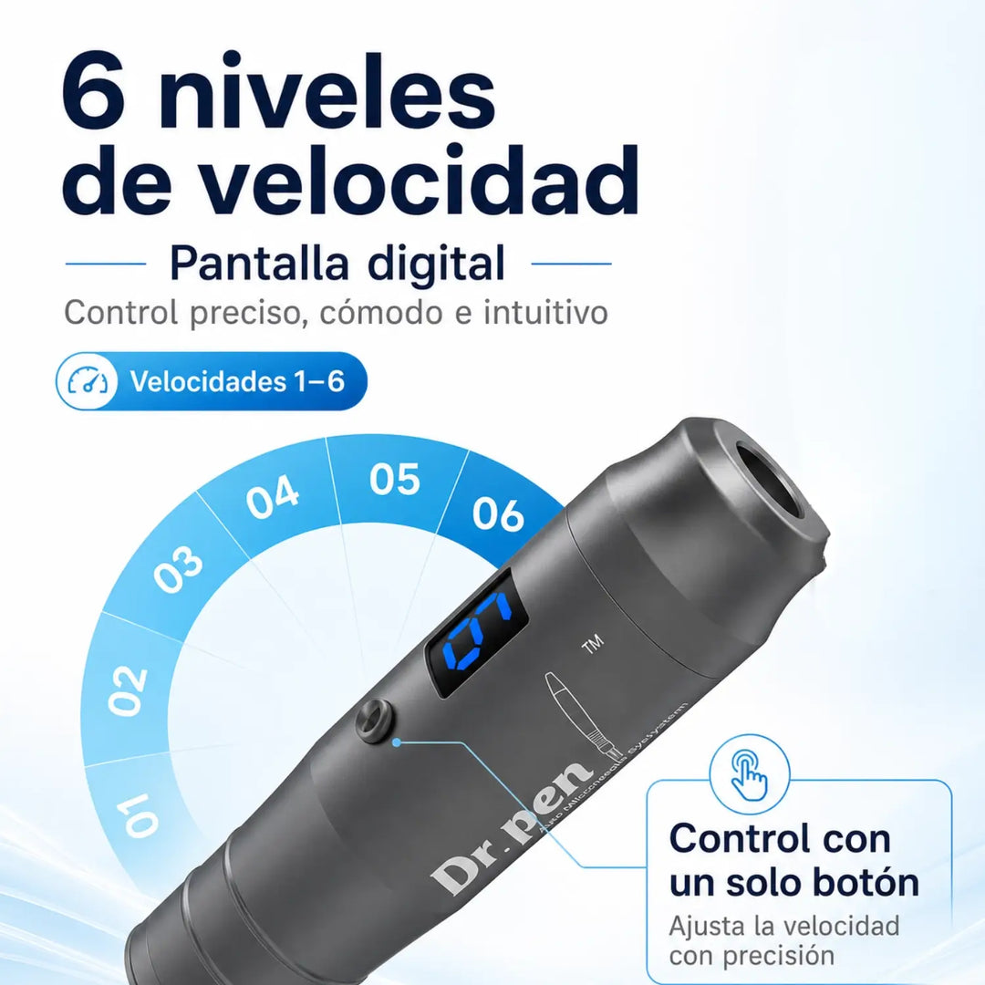Dr. Pen M8 con 6 niveles de velocidad, pantalla digital y control preciso mediante un solo botón para tratamientos personalizados.