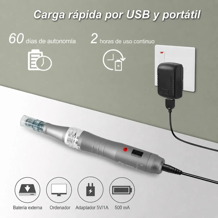 Dr. Pen M8 con carga rápida por USB, batería portátil y hasta 2 horas de uso continuo para tratamientos de microneedling.