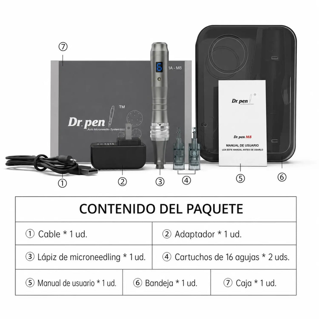 Contenido del paquete Dr. Pen M8 con dermapen, adaptador, cable, cartuchos de agujas, manual, bandeja y caja.