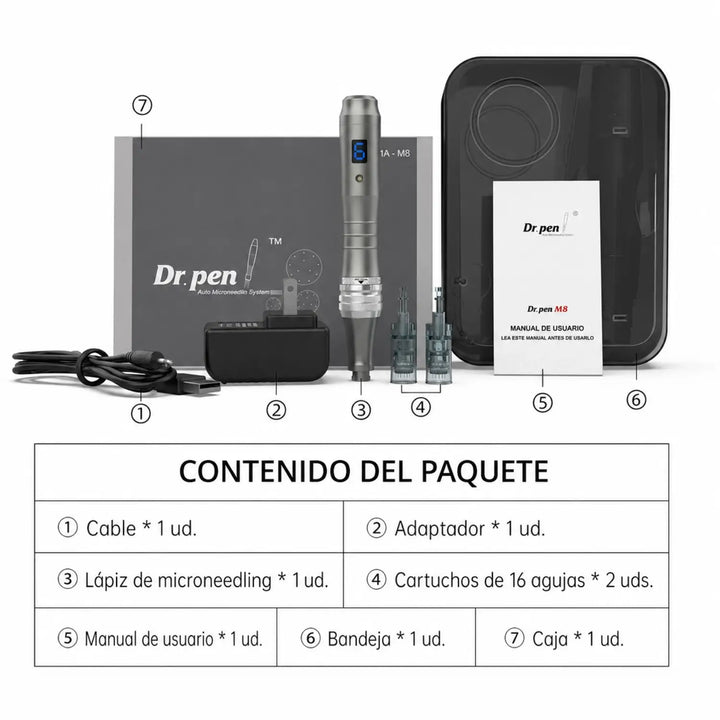 Contenido del paquete Dr. Pen M8 con dermapen, adaptador, cable, cartuchos de agujas, manual, bandeja y caja.
