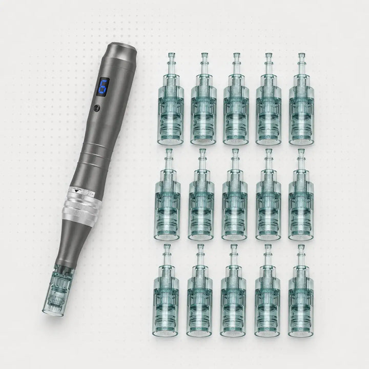 Kit Dr. Pen M8 con dermapen y 15 cartuchos de agujas para microneedling facial y cuidado de la piel.