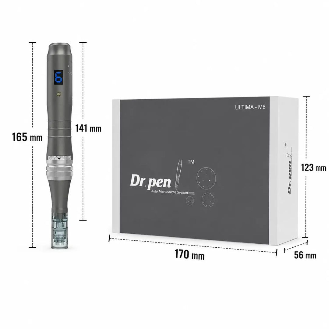 Medidas del Dr. Pen M8 y de su caja, con dimensiones claras del dispositivo de microneedling y el embalaje.