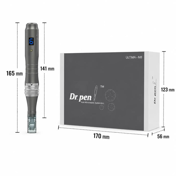 Medidas del Dr. Pen M8 y de su caja, con dimensiones claras del dispositivo de microneedling y el embalaje.
