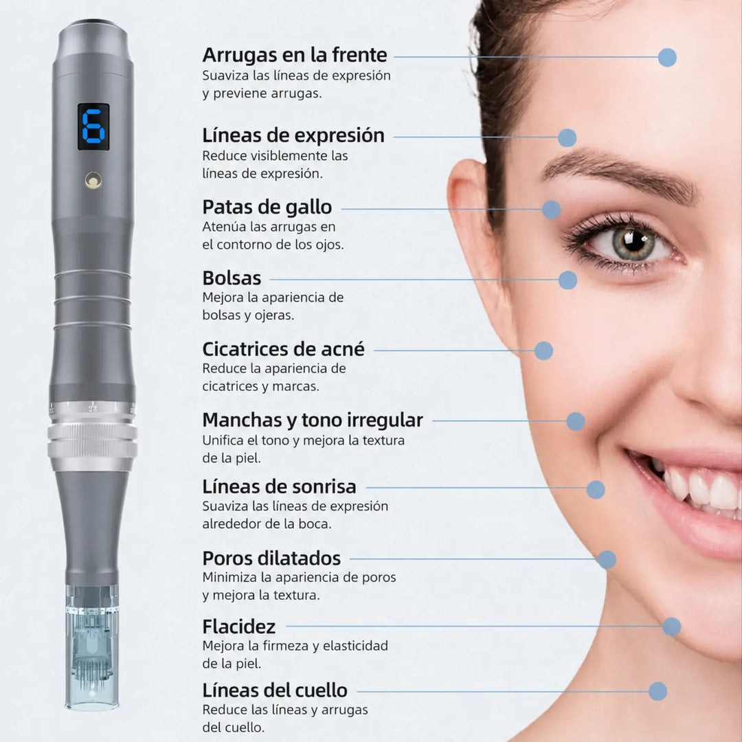 Dr. Pen M8 para microneedling facial, indicado para mejorar la apariencia de arrugas, cicatrices de acné, manchas, poros dilatados y líneas de expresión.