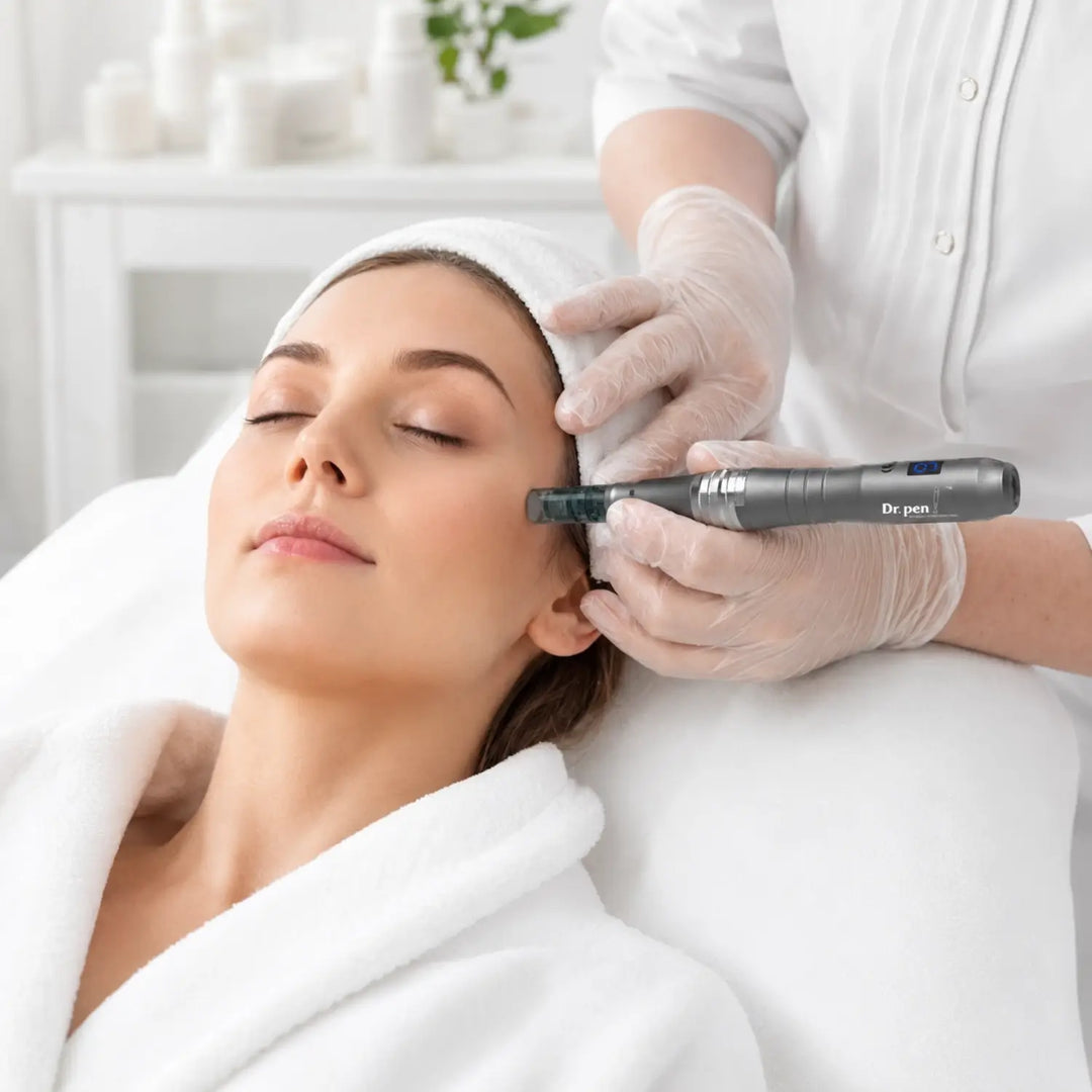 Tratamiento facial de microneedling en spa con Dr. Pen M8, realizado en un entorno limpio y profesional.