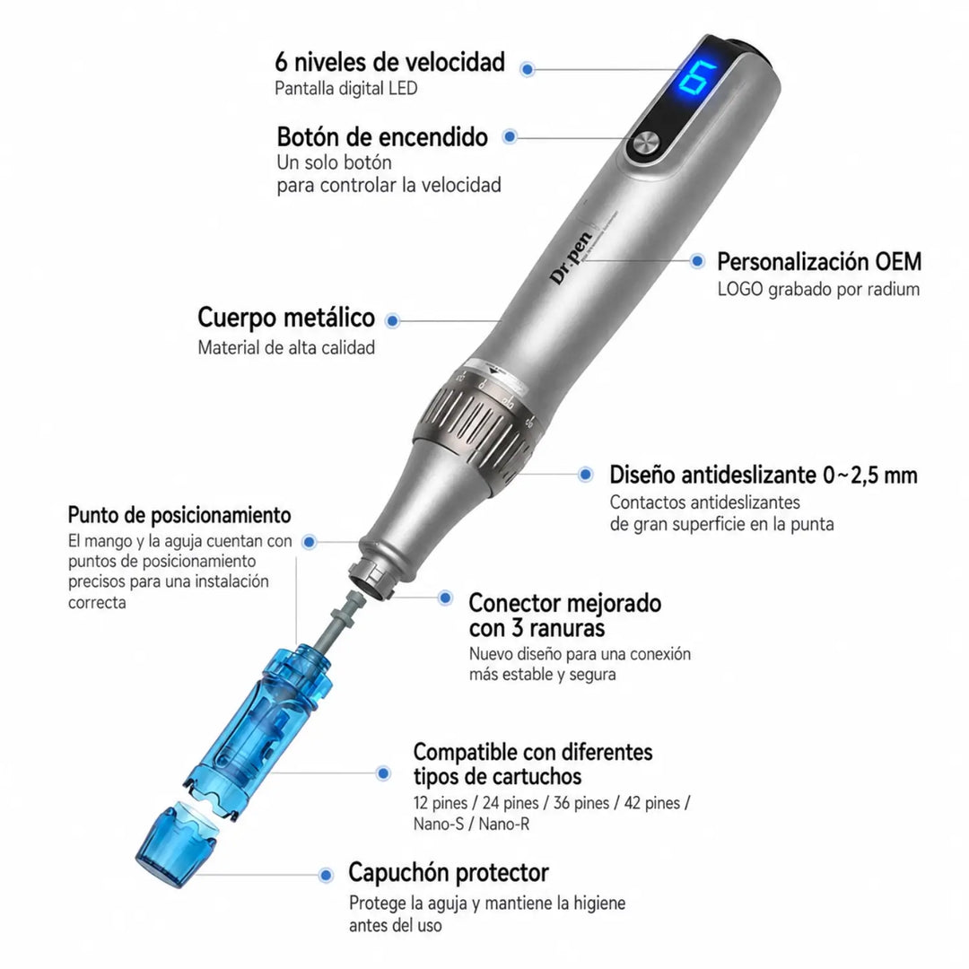 Características principales del Dr. Pen M8S con pantalla LED, ajuste de profundidad y diseño ergonómico