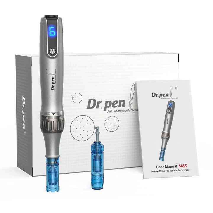 Kit completo Dr. Pen M8S con dispositivo, cartuchos, cargador USB y manual de usuario