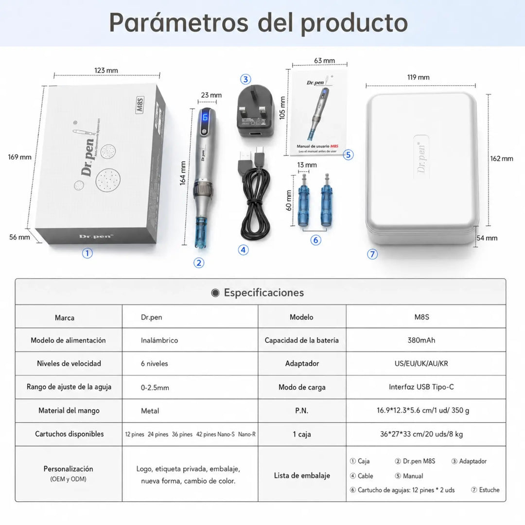 Especificaciones técnicas del Dr. Pen M8S con batería recargable, ajuste de profundidad