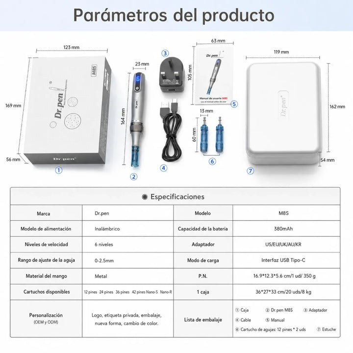 Especificaciones técnicas del Dr. Pen M8S con batería recargable, ajuste de profundidad