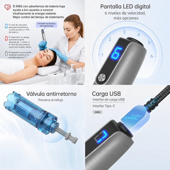 Características principales del Dr. Pen M8S con pantalla LED, ajuste de profundidad y diseño ergonómico