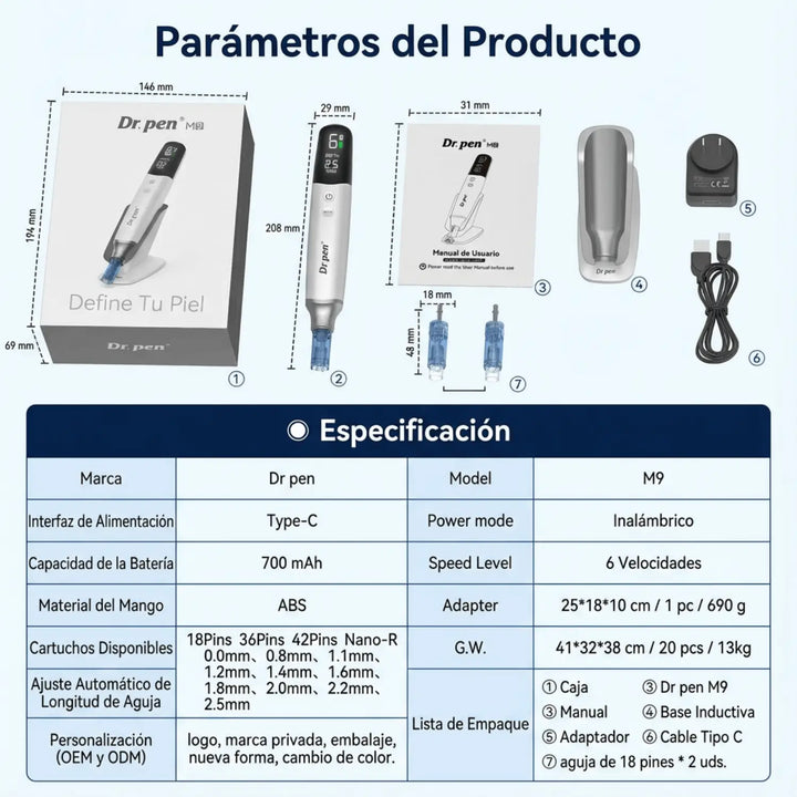 Contenido completo del kit Dr. Pen M9 con base inteligente y cargador